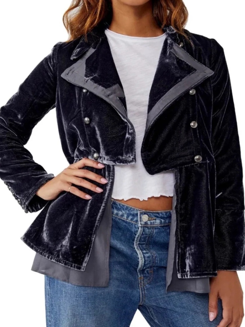 Free People Faye Crushed Velvet Military Victorian Peplum Jacket Ebony Gray S